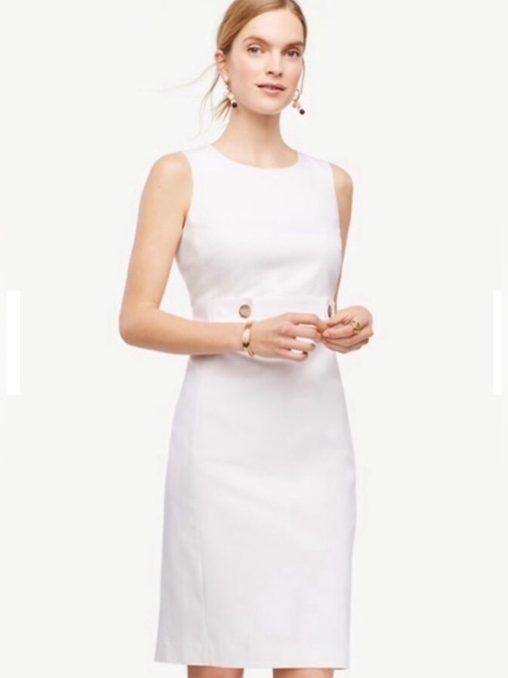 Ann Taylor White Cotton Sateen Button Tab Sheath Dress 4 Tall